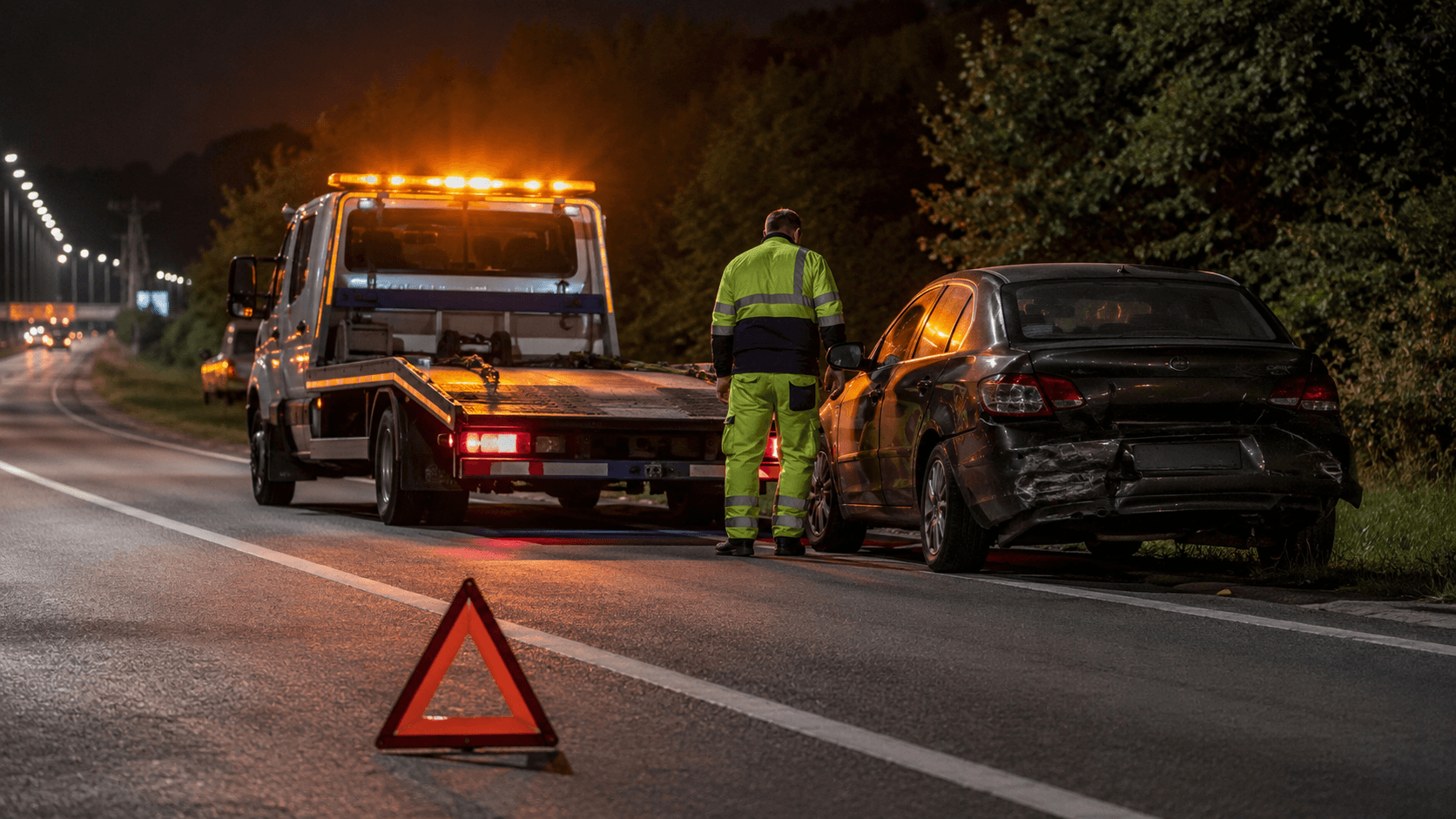 Pomoc drogowa Kartuzy nocą – laweta przy powypadkowym aucie